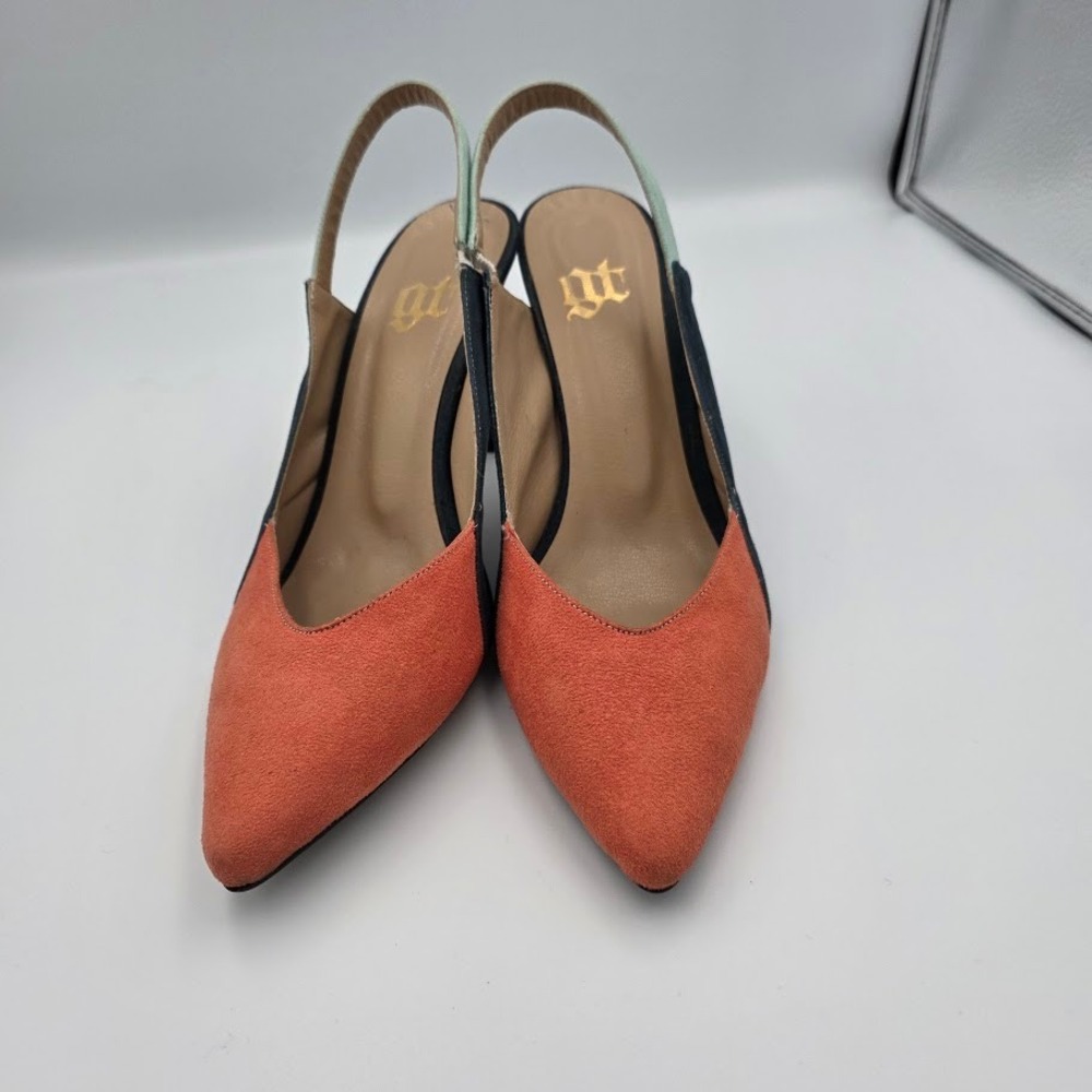 Womens‎ Slingback Heels Orange Navy Mint Green Suede Pointed Toe Size 40 - Picture 2 of 5